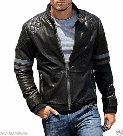 Handmade Men New Stylish quilted Shoulders Sleeve with Patch Lines Men's Leather Biker Jacket