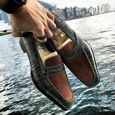 Men's handmade real leather dress shoes, croc imprint and suede leather loafers, high quality casual shoes 