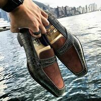 Men's Handmade Real Leather Dress Shoes, Croc Imprint and Suede Leather Loafers, High Quality Casual Shoes  - Thumbnail 1