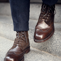 Handmade Premium Edition Brown Leather Boot Men's Oxfords Wingtip Boot - Thumbnail 1