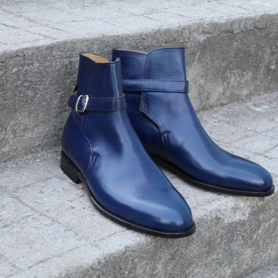 Crafted leather classic dress shoes blue genuine leather jodhpur buckle strap boot