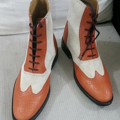Crafted leather bespoke dress shoes tan leather white suede ankle high wingtip boot - Thumbnail 4