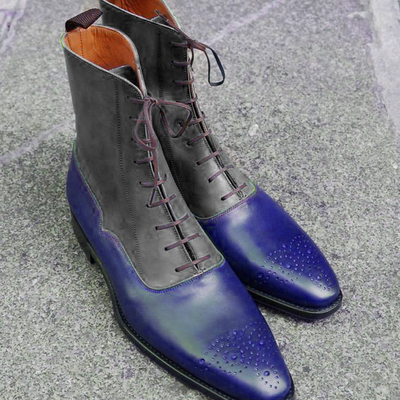 Blue gray two tone high ankle genuine leather brogues toe high ankle men boots