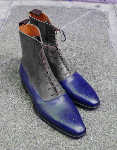 Blue Gray Two Tone High Ankle Genuine Leather Brogues Toe High Ankle Men Boots