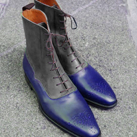 Blue Gray Two Tone High Ankle Genuine Leather Brogues Toe High Ankle Men Boots - Thumbnail 1