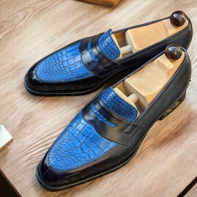 Men's alligator texture & leather shoes, handmade slip on penny loafer formal shoes - Thumbnail 1