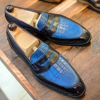 Men's Alligator Texture & Leather Shoes, Handmade Slip On Penny Loafer Formal Shoes - Thumbnail 1