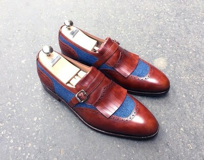 Premium Leather Blue Maroon Two Tone Apron Toe Men Handmade Men Monk Shoes