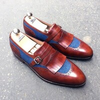 Premium Leather Blue Maroon Two Tone Apron Toe Men Handmade Men Monk Shoes - Thumbnail 1