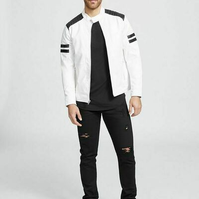 Handmade mens white leather jacket mens biker moto quilted custom jacket - Thumbnail 3