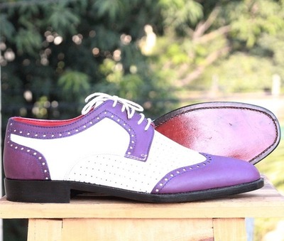 Handmade Men’s White Purple Wing Tip Leather Shoes