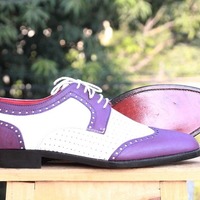 Handmade Men’s White Purple Wing Tip Leather Shoes - Thumbnail 4