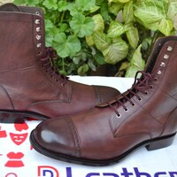 Crafted Leather Bespoke Dress Shoes Dark Brown Leather Ankle High Lace up Boot - Thumbnail 1