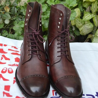 Crafted leather bespoke dress shoes dark brown leather ankle high lace up boot - Thumbnail 3