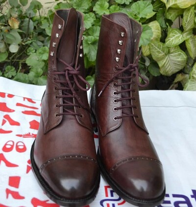 Crafted Leather Bespoke Dress Shoes Dark Brown Leather Ankle High Lace up Boot