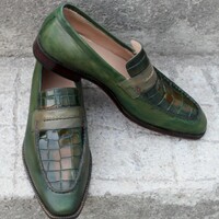 Crafted Leather Classic Men Alligator Dress Shoes Green Patina Exotic Crocodile Leather Moccasin Loafers - Thumbnail 3