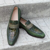 Crafted Leather Classic Men Alligator Dress Shoes Green Patina Exotic Crocodile Leather Moccasin Loafers - Thumbnail 1