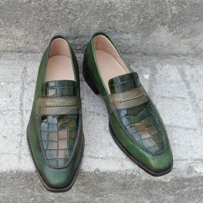 Crafted leather classic men alligator dress shoes green patina exotic crocodile leather moccasin loafers - Thumbnail 4