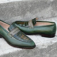 Crafted Leather Classic Men Alligator Dress Shoes Green Patina Exotic Crocodile Leather Moccasin Loafers - Thumbnail 6