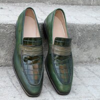 Crafted Leather Classic Men Alligator Dress Shoes Green Patina Exotic Crocodile Leather Moccasin Loafers - Thumbnail 5