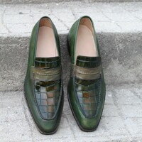 Crafted Leather Classic Men Alligator Dress Shoes Green Patina Exotic Crocodile Leather Moccasin Loafers - Thumbnail 7