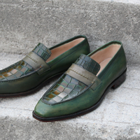 Crafted Leather Classic Men Alligator Dress Shoes Green Patina Exotic Crocodile Leather Moccasin Loafers - Thumbnail 4