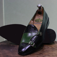 New Men's Handmade Shoes Black & Green Leather Double Buckle Slip On Dress & Casual Wear Loafer Boots - Thumbnail 1