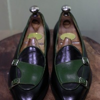 New Men's Handmade Shoes Black & Green Leather Double Buckle Slip On Dress & Casual Wear Loafer Boots - Thumbnail 2