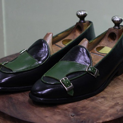 New men's handmade shoes black & green leather double buckle slip on dress & casual wear loafer boots
