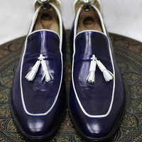 New Men's Handmade Formal Shoes Men's Blue Leather Stylish Teasels Slip On Loafer Shoes - Thumbnail 1