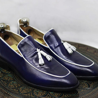 New men's handmade formal shoes men's blue leather stylish teasels slip on loafer shoes