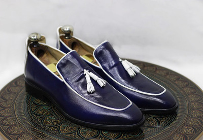 New Men's Handmade Formal Shoes Men's Blue Leather Stylish Teasels Slip On Loafer Shoes