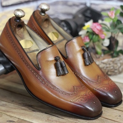 Men's new handmade leather shoes tan brown leather teasels slip on stylish loafer wing tip dress & formal wear shoes