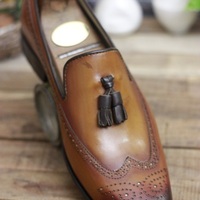 Men's New Handmade Leather Shoes Tan Brown Leather Teasels Slip On Stylish Loafer Wing Tip Dress & Formal Wear Shoes - Thumbnail 1