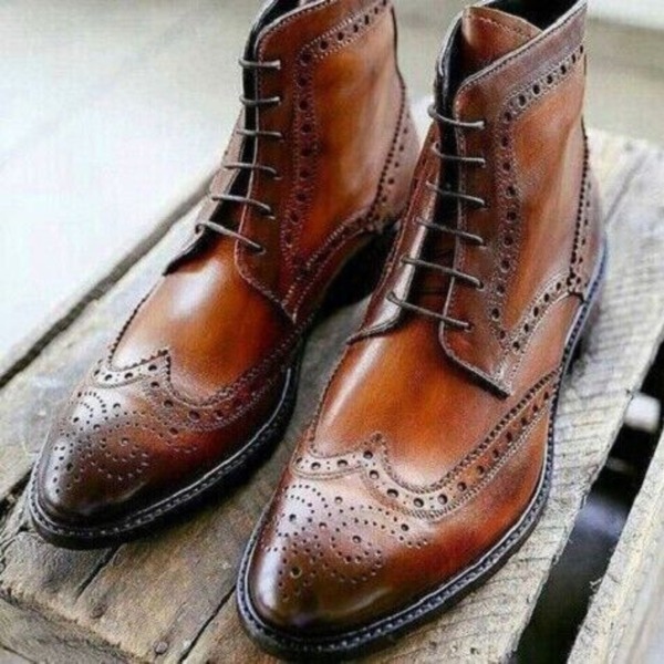 Brown Handmade High Ankle Lace Up Wing Tip Brogue Dress Shoes, Real Leather Shoes, Bikers Shoes For time Less Style