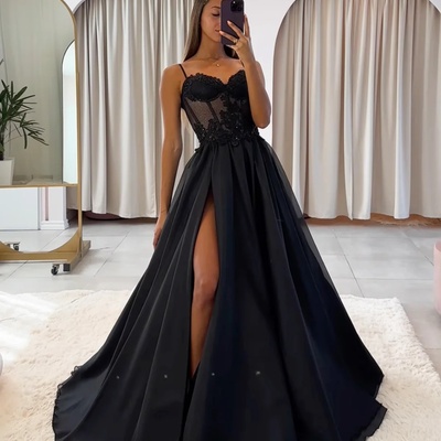 Black spaghetti strap chiffon lace long prom dress - Thumbnail 2