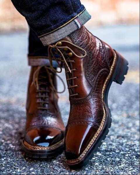 Buy Men's Handcrafted Stylish Burgundy Wingtip Ankle Boots Laceup Heeled Boots Wedding Boots Military Marching Boots