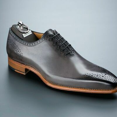 Two tone gray black burnished brogue oxford lace up men's formal business shoes