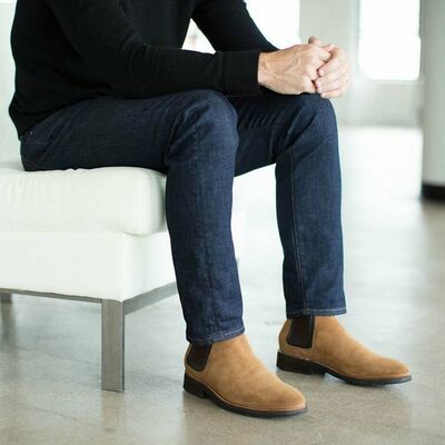 Men's Beige Color Chelsea Jumper Slip On High Ankle Suede Leather Boots