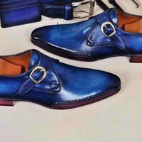 New Handmade Men's Monk-strap Bleached Blue Twisted Leather Sole Luxury Shoe - Thumbnail 4