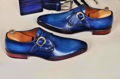 New Handmade Men's Monk-strap Bleached Blue Twisted Leather Sole Luxury Shoe