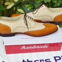 Crafted Leather Custom Made Dress Shoes Brown Beige Leather Wingtip Oxford  - Thumbnail 1