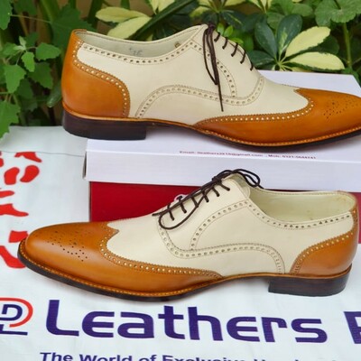 Crafted leather custom made dress shoes brown beige leather wingtip oxford  - Thumbnail 4