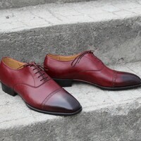  Crafted Leather Classic Custom Made Dress Shoes Burgundy  Black Shaded Leather Lace up Oxford  - Thumbnail 5