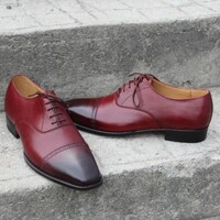  Crafted Leather Classic Custom Made Dress Shoes Burgundy  Black Shaded Leather Lace up Oxford  - Thumbnail 8