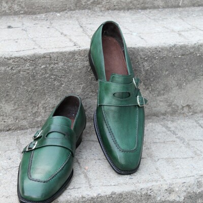 Crafted leather handmade green leather double monk strap dress shoes - Thumbnail 3