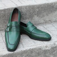 Crafted Leather Handmade Green Leather Double Monk Strap Dress Shoes - Thumbnail 2