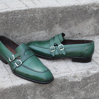 Crafted Leather Handmade Green Leather Double Monk Strap Dress Shoes - Thumbnail 5