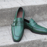 Crafted Leather Handmade Green Leather Double Monk Strap Dress Shoes - Thumbnail 1