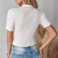 White Chain Zipper Knitted Short Sleeved Top - Thumbnail 2